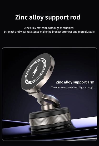 Folding 15W wireless charging car phone holder vacuum suction 360 ° rotating magnetic support bracket