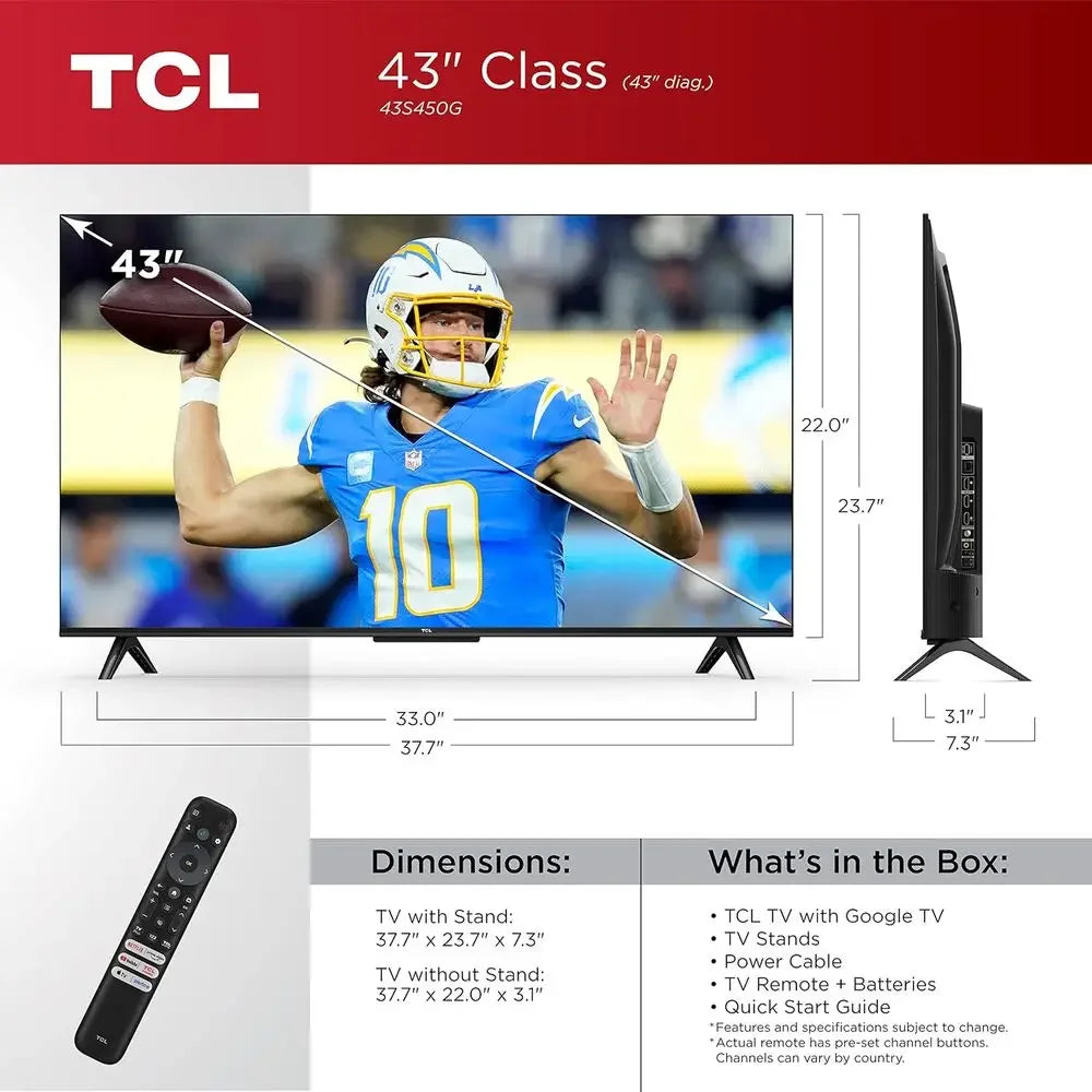 43-Inch Class S4 4K LED Smart TV with Google TV (43S450G, 2023 Model), Dolby Vision, HDR Pro, Dolby Atmos, Google Assistant Buil