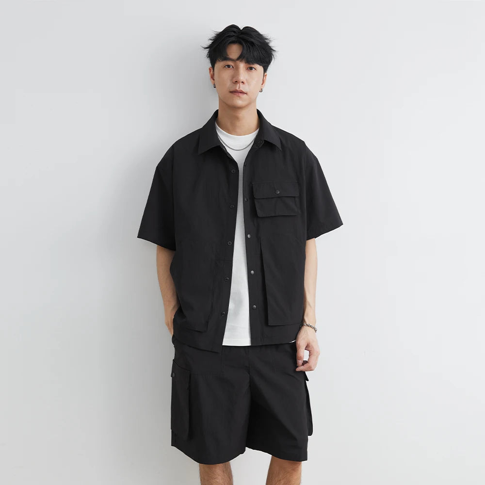 Summer Men Loose Casual Short Sleeve Cargo Shirt Shorts 2 Piece Sets Suits Cityboy Streetwear Fashion Tracksuits Men's Suits