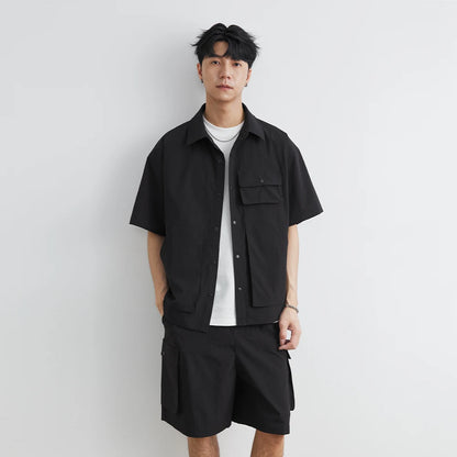 Summer Men Loose Casual Short Sleeve Cargo Shirt Shorts 2 Piece Sets Suits Cityboy Streetwear Fashion Tracksuits Men's Suits