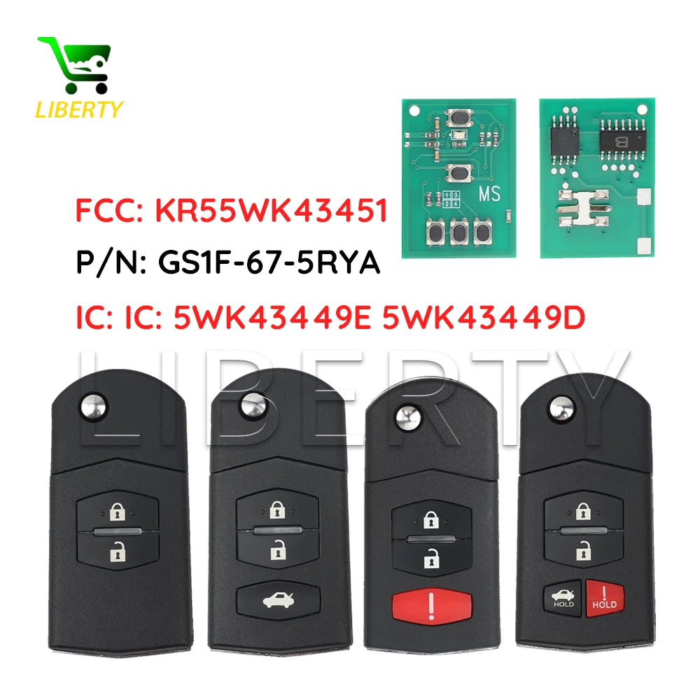 Liberty For Mazda 2 6 2007 - 2011 Remote Flip Car Key Fob FCC KR55WK43451 PN GS1F-67-5RYA 4D63 Chip Replacement Auto Keys