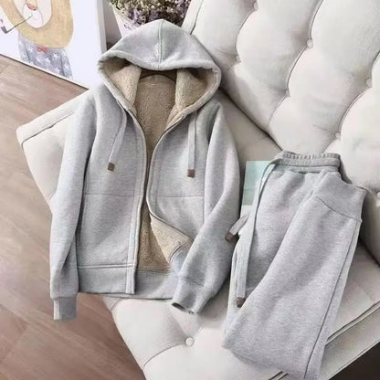 Thickened Fleece Winter Sportswear Set Women's Long Sleeve Hoodie Jacket And Pants Casual Slimming Pure Color Trendy Short Coat