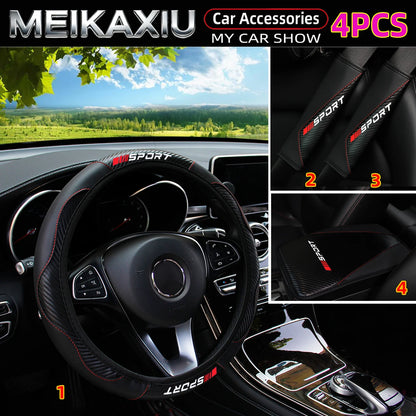 4PCS Carbon Fiber PU Leather Sport Car Steering Wheel Cover with Shoulder Guard And Armrest Pad Rimless Design for 37-38cm women