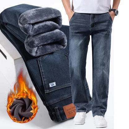 Winter Fleece Men Jeans Thick Stretch Business Casual Trousers Classic Loose Straight Warm Velvet Denim Pants Office Daily Wear