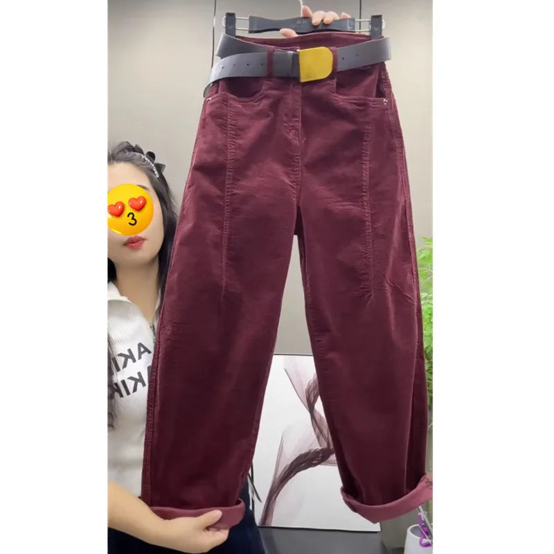 High Waist Cotton Corduroy Harlan Pants Slim Fit Casual Nine Point Knife  Straight Leg Crop Leisure Long Trousers