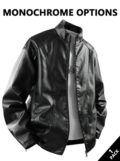 Men's Small Stand-Up Collar Leather Jacket, Windproof and Warm, Stylish and Form-Fitting, Suitable for Daily Commuting, Street Wear, Autumn and Winter Outings, Casual Gatherings with Friends, Casual Entertaining, and Short Tr