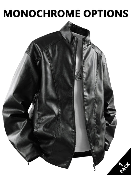 Men's Small Stand-Up Collar Leather Jacket, Windproof and Warm, Stylish and Form-Fitting, Suitable for Daily Commuting, Street Wear, Autumn and Winter Outings, Casual Gatherings with Friends, Casual Entertaining, and Short Tr