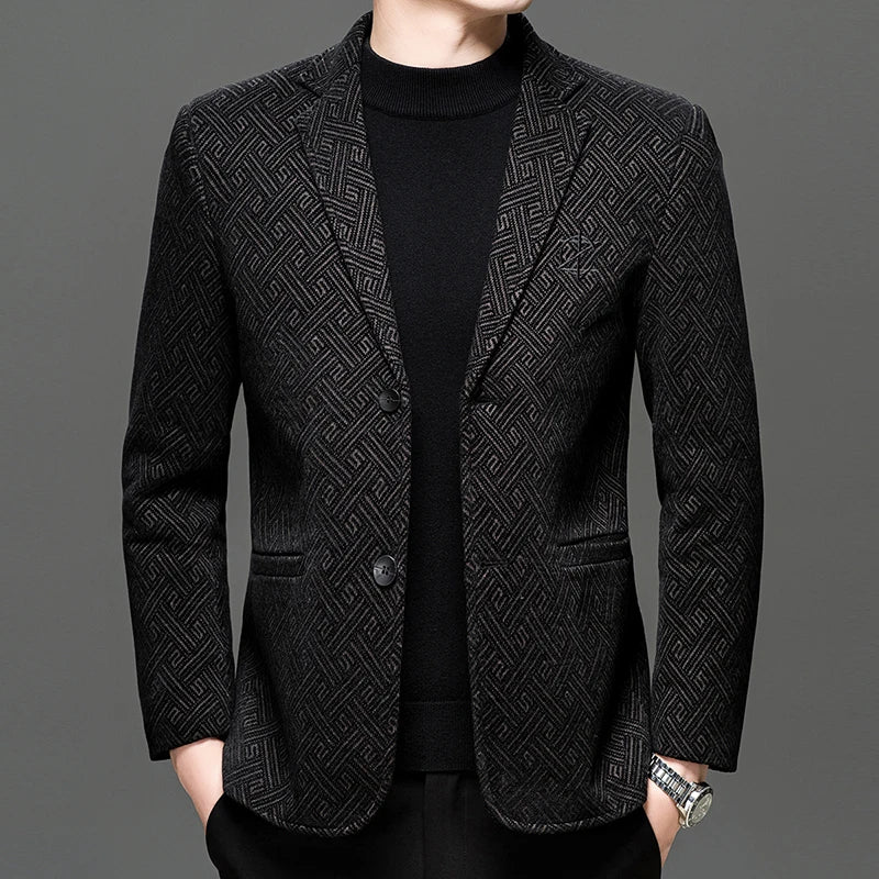 Autumn Winter Men Elegant Padded Blazers Coffee Navy Personality Pattern Suit Jackets Male Slim Fit Tailored Outfits Garments