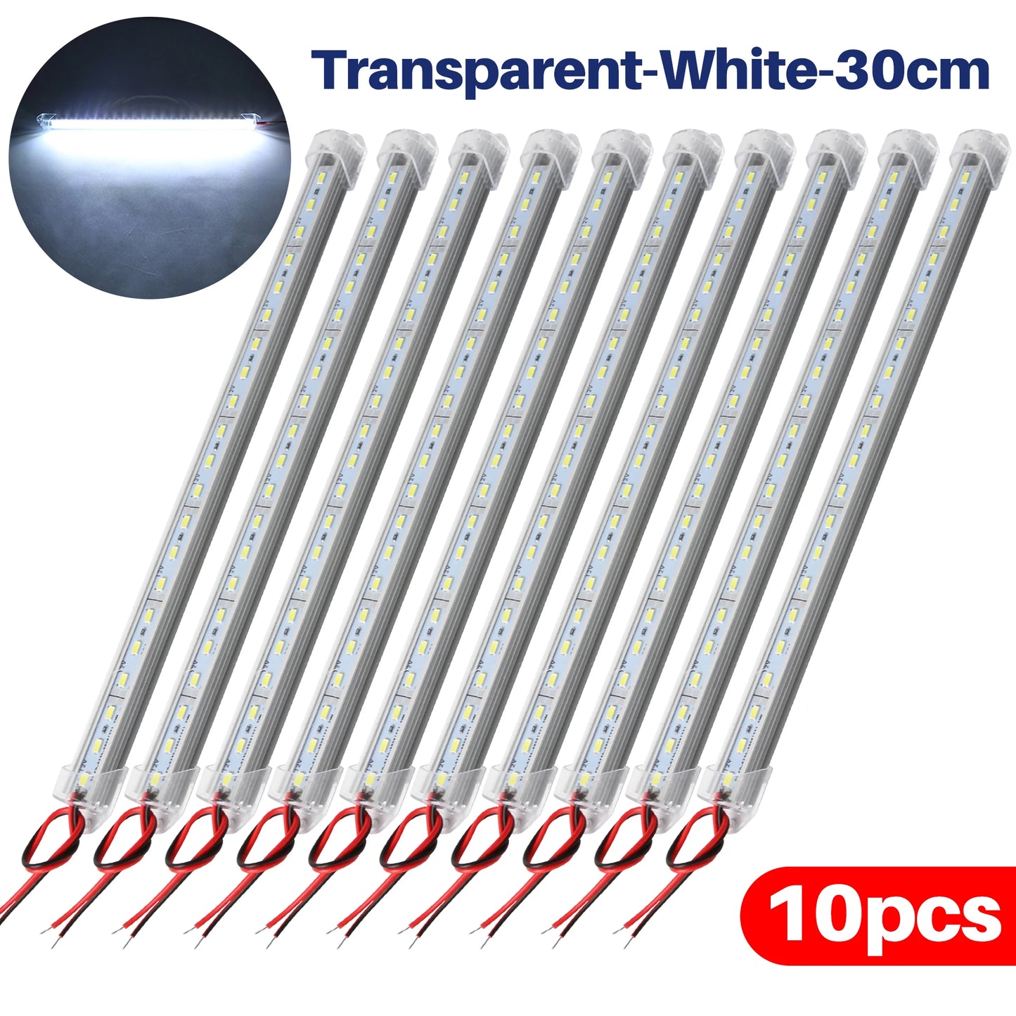 5/10PCS 12V 30/50CM Interior LED Car Light Bar Transparent Rigid Strip Lamp Van Bus Caravan Display Cabinet Under Counter Closet