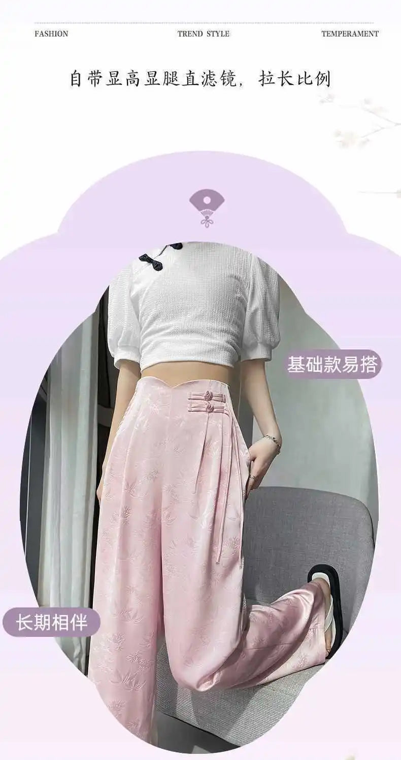 High Waist Loose Straight Pants with Button Knot Pocket New Chinese Style Satin Wide Leg Pants Spring Summer Trousers Pink Black