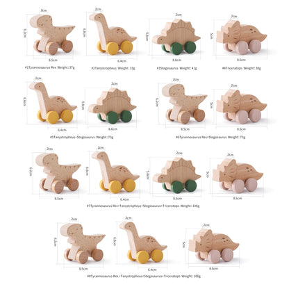 Dinosaur Cartoon Car Montessori Wooden Teether Toy for Infants Toddlers - Sensory Developmental Pretend Play Baby Teething Toy
