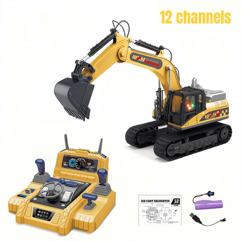 RC Excavator Truck Alloy 12/13/15CH  Engineering Vehicle Sound Spray Lighting 680 Rotation Car Kids Toys for Boys Christmas Gift