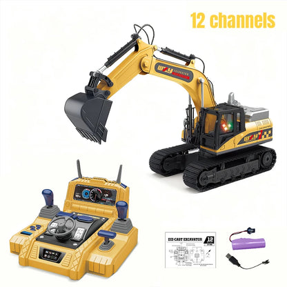 RC Excavator Truck Alloy 12/13/15CH  Engineering Vehicle Sound Spray Lighting 680 Rotation Car Kids Toys for Boys Christmas Gift