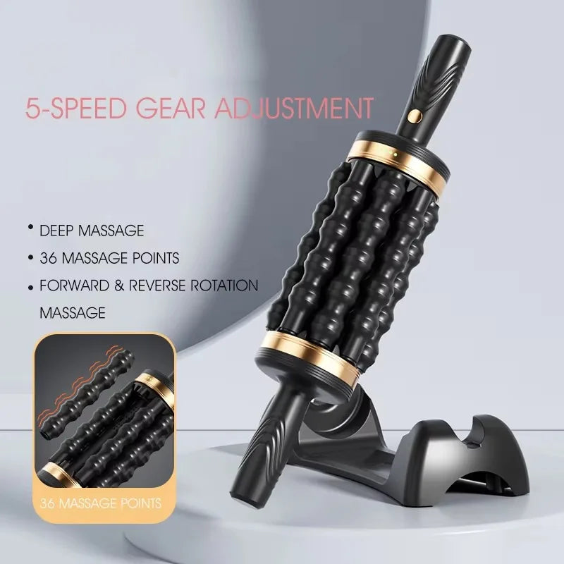 Rechargeable Rolling Percussive Massager with 36 Massage Points, Handheld Roller with Base for Foot, Back, and Leg Muscle Pain