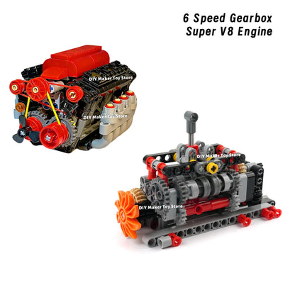 MOC Super V8 Engine Simulation Model Building Blocks Technology Car Parts 6 Speed Gearbox Power Motor Battery Box Boys Toys Gift
