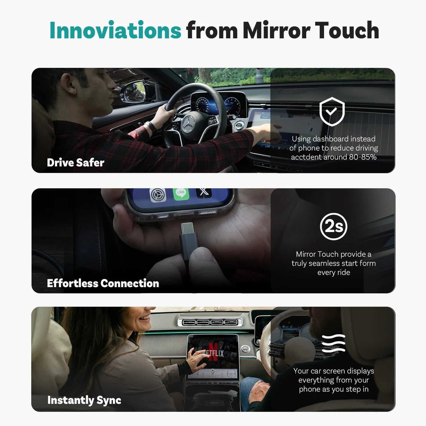 Ottocast Mirror Touch Wireless CarPlay Adapter Bi-Directional Control Dongle for iOS & Android Video Box For Benz Audi Toyota VW