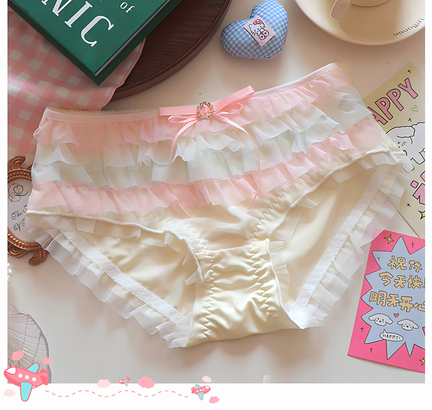 Japanese Lolita Princess Lingerie Women Pure Desire Cake Layer Lace Mesh Cotton Crotch Party Bra Panty Set Cute Comfortable Soft