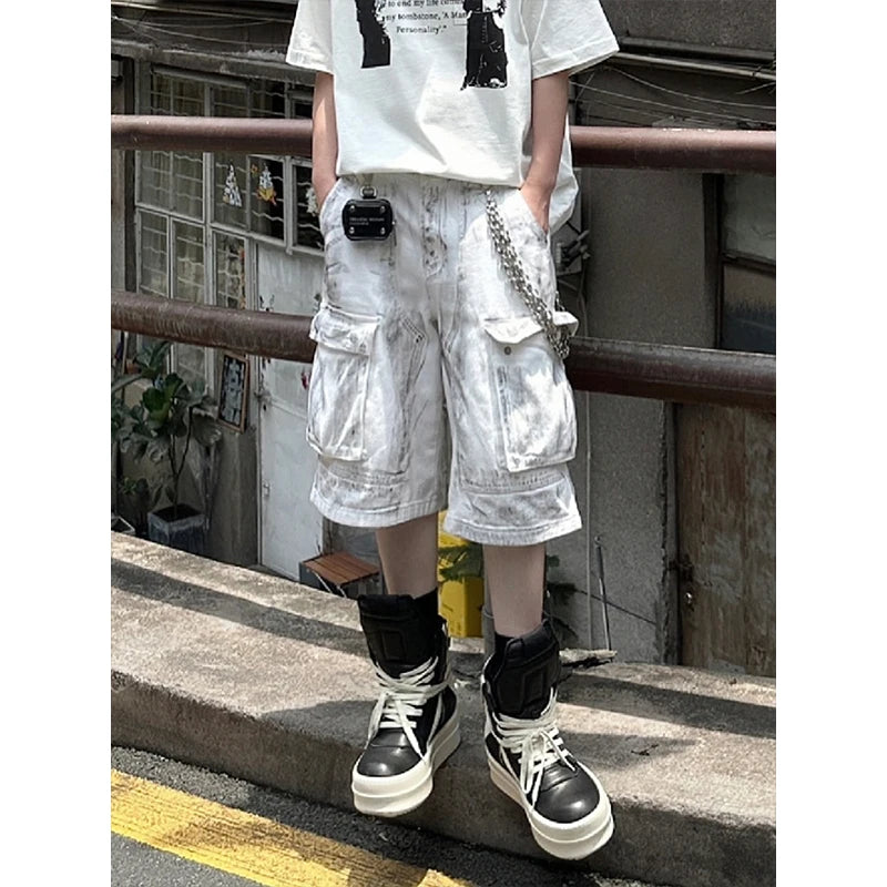 Summer Washed Distressed Workwear Shorts Men's Trendy Street Style Loose Wide Leg Big Pocket Seven-Foot Pants Casual Trousers