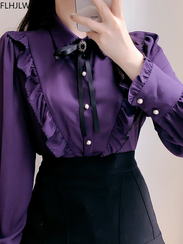 2025 Woman Cute Sweet Girls Thin Semi Transparent Ribbon Bow Tie Retro Vintalge Top Blusas Purple Green White Button Shirts