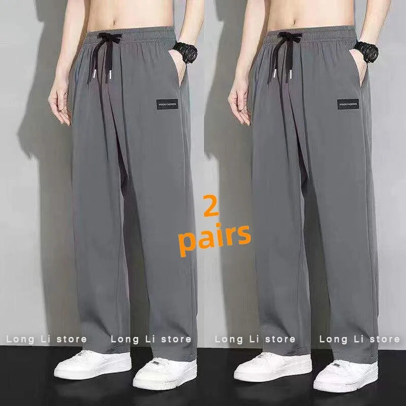 Summer Men's Casual Loose Straight Leg Sport Pants Thin Ice Silk Resistant Stain Versatile Wide Leg Pants Draping Effect