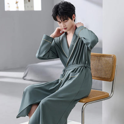 Spring Autumn Bathrobe Men 100% Cotton sleep top Kimono Robes For Male Solid Robes Long Bath Robe Bridegroom Robe Dressing Gown