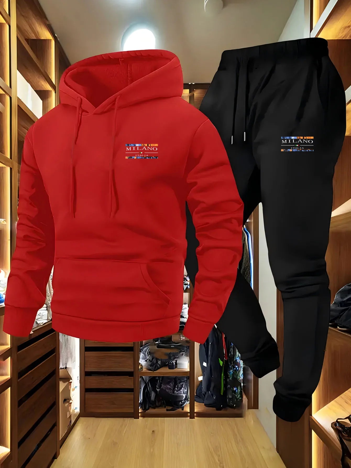 2-Piece Men's Casual Hooded Sweatshirt and Sweatpants Set - Los Angeles Letter Print Men's Outdoor Sports Set with Hooded Long S