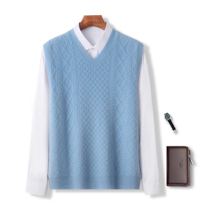Autumn and winter new 100% pure wool men's V-neck sleeveless vest solid color fashion casual loose knit vest.