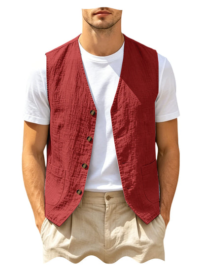 Men's Casual Linen Vest V-Neck Sleeveless Waistcoat Summer Lightweight Breathable Solid Color Button Up Vest For Daily Vacation