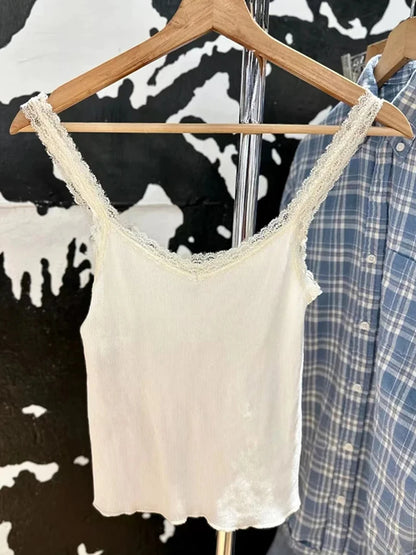 Vintage Lace Trim Blue Ribbed Camis Women New Casual Streetwear Slim Sexy Cotton Sleeveless Vests Sweet Cute Chic Tank Tops Y2K