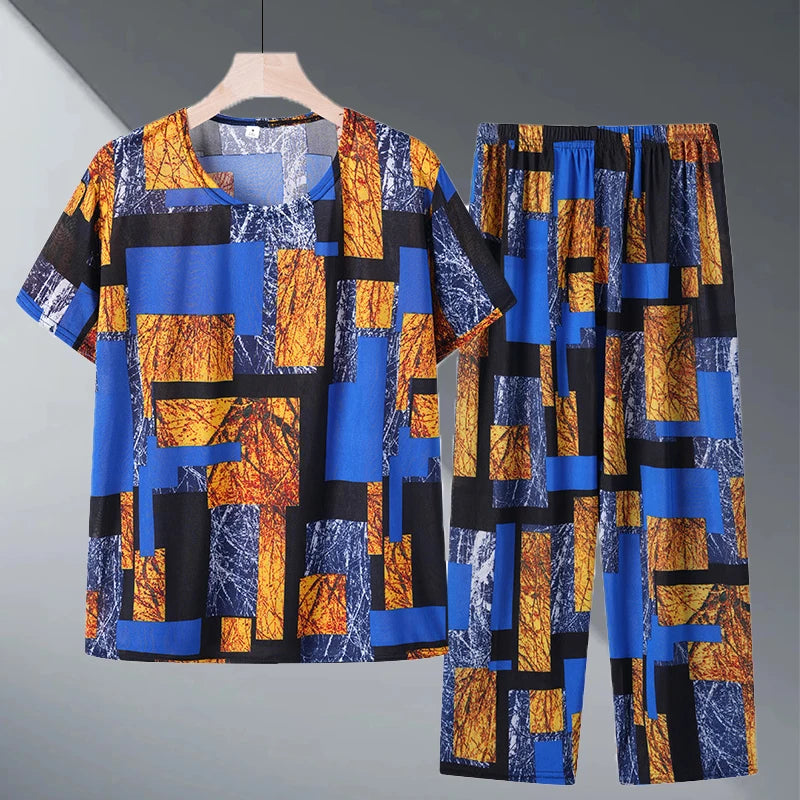 Ice Silk Two-Piece Set for Mom Summer Casual Short Sleeve Large Size Elderly Women's Fashionable Stripe And Plaid Ensemble