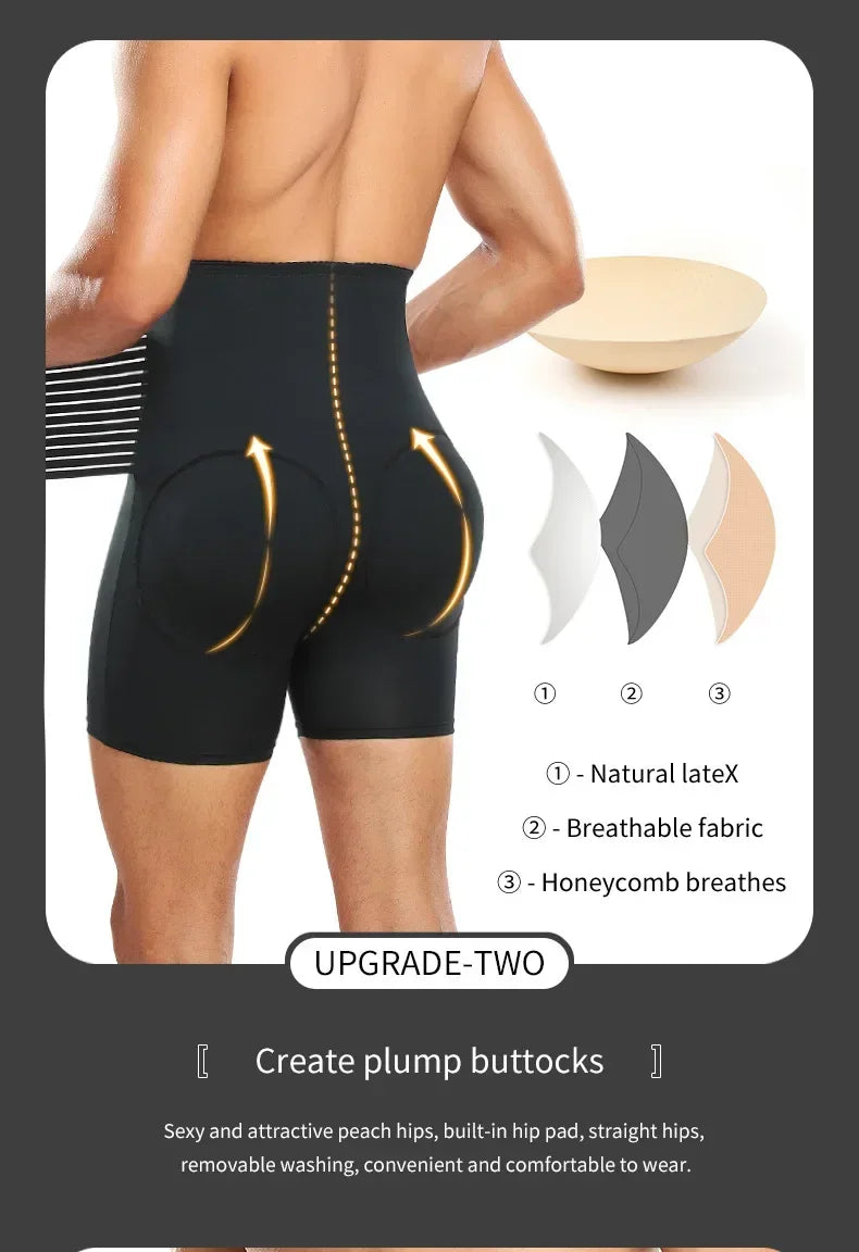 Men High Waisted Tummy Control Panties Waist Trainer Belt Cincher Corset Padded Panties Thigh Breathable Underwear Body Shaper