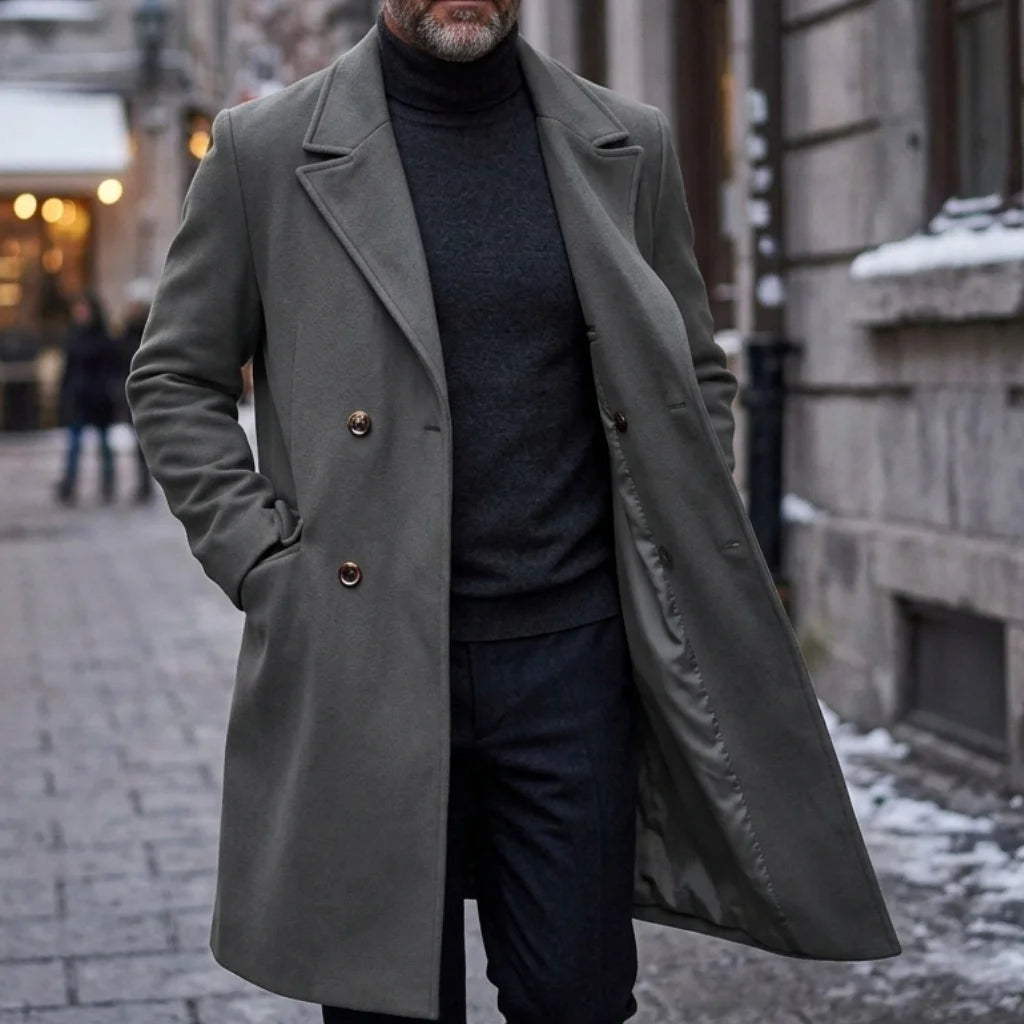 New Winter Men's Double-Breasted Trench Coat Mid-Length Knee Warm Windproof Multi-Pocket Casual Business Style Street Commuting