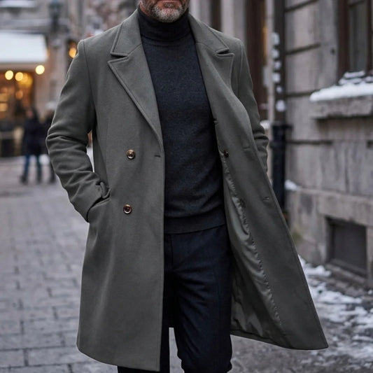 New Winter Men's Double-Breasted Trench Coat Mid-Length Knee Warm Windproof Multi-Pocket Casual Business Style Street Commuting