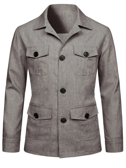 Men's Linen Blend Safari Jacket Retro British Style Multi-Pocket Workwear Coat Business Casual Suit Blazer for Spring Summer