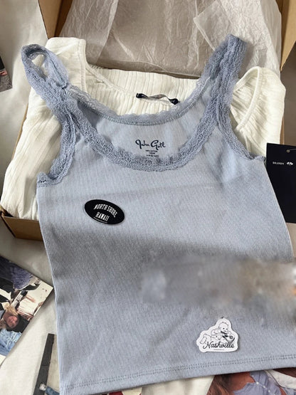 Vintage Lace Trim Blue Ribbed Camis Women New Casual Streetwear Slim Sexy Cotton Sleeveless Vests Sweet Cute Chic Tank Tops Y2K