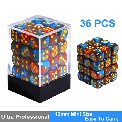 36Pcs 12mm D6 Double Color Glitter Dice for RPG Board Games Tabletop DND Accessories Family Board Games Gift with Storage Box
