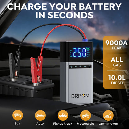 9000A car battery emergency jump starter, 26800mAh battery capacity, portable power bank, 150PSI air pump, car battery emergency booster.