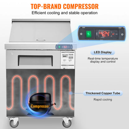 SucceBuy 28" Commercial Refrigerator Sandwich & Salad Prep Table 7.4 Cu. Ft Stainless Steel Refrigerated Food Prep Station