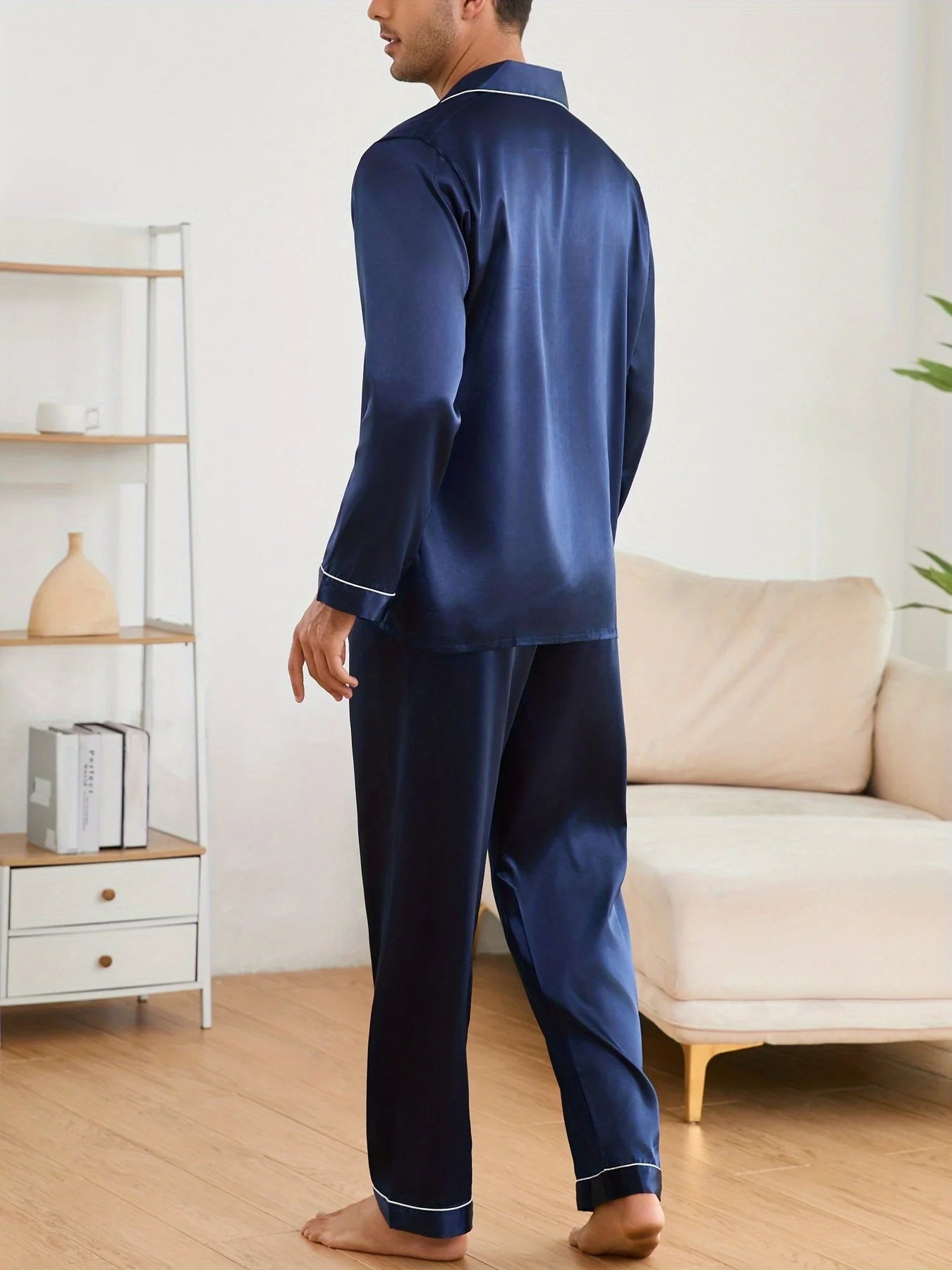Men's Luxury Faux y Pajama Set with Black and White Contrast Trim, Long Sleeve and Pants, Comfortable Loose-Fit Loungewear