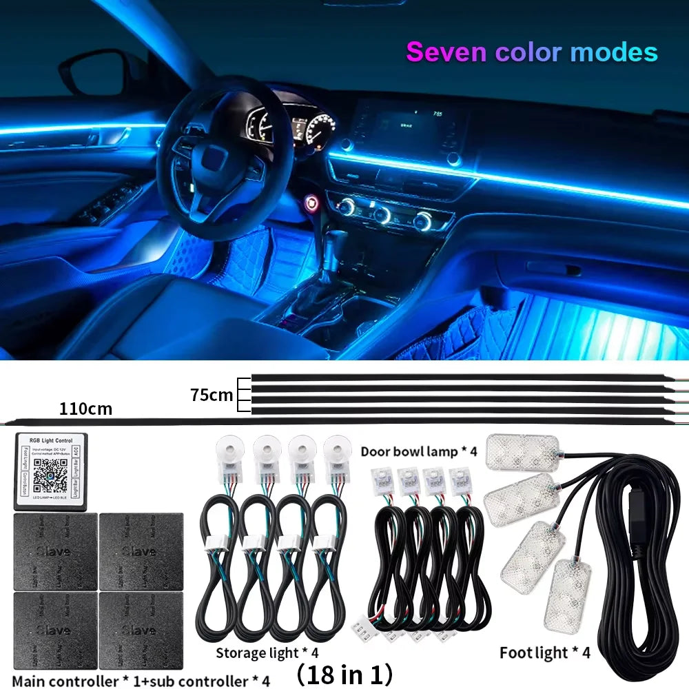 18 in 1 Dual Zone Symphony Streamer Car Ambient Light RGB 64 Colors Interior Rainbow Acrylic Strip Atmosphere Lighting kit App