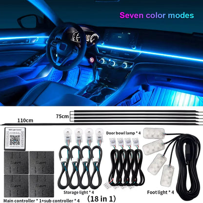 18 in 1 Dual Zone Symphony Streamer Car Ambient Light RGB 64 Colors Interior Rainbow Acrylic Strip Atmosphere Lighting kit App