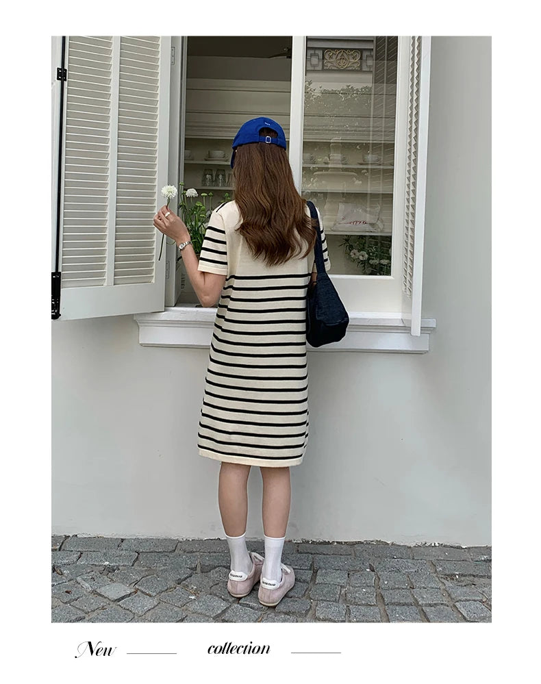 new Korean striped dress for women's summer, pure cotton straight tube mid length skirt