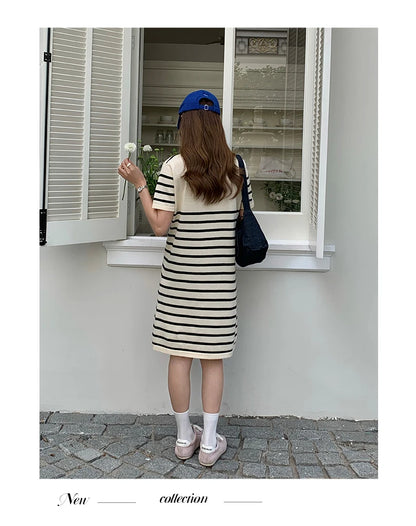 new Korean striped dress for women's summer, pure cotton straight tube mid length skirt