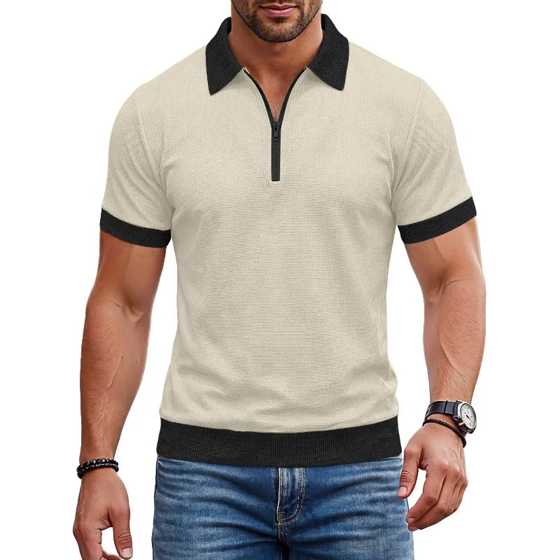 Men's Zip Polo Shirt Short Sleeve Contrast Trim Textured Casual Top 2026