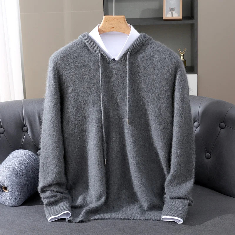 Autumn And Winter New 100% Pure Mink Wool Men Hooded Sweater Solid Color Knitted Sweater Loose Bottoming Leisure