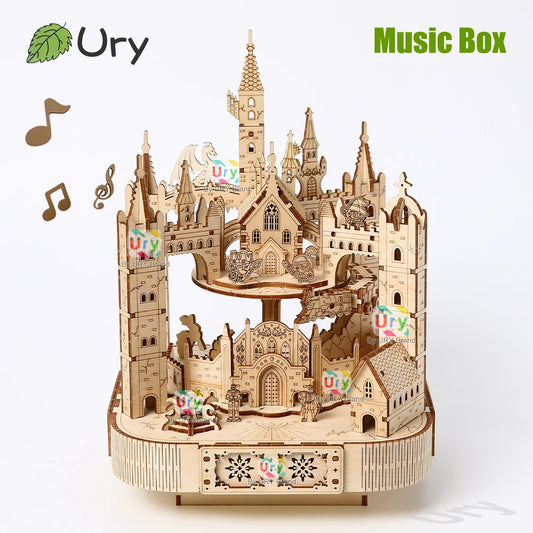 Ury 3D Wooden Puzzle Musical Octagonal Box Rotatable Touring Train Castle Model Mechanical Kit Decor DIY Toy Gift for Adult