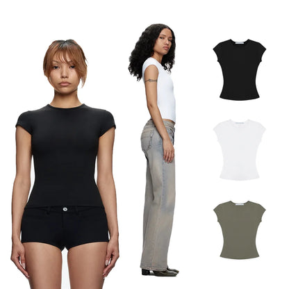 Tank Basic Slim-Fit Round-Neck T-Shirt, High-Elastic Slim-Fit Slimming Hot Girl Style Short Top, Versatile Hot Girl Style Everyday Outerwear Top, High-Elastic Slim-Fit T-Shirt
