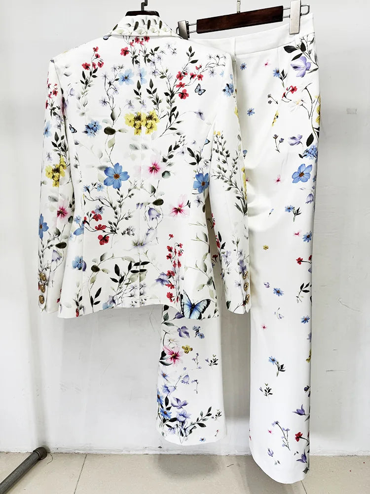 HIGH STREET Newest 2026 Designer Runway Suit Set Women's Brilliant Digital Printed Jacket Flare Pants Suit 2pcs