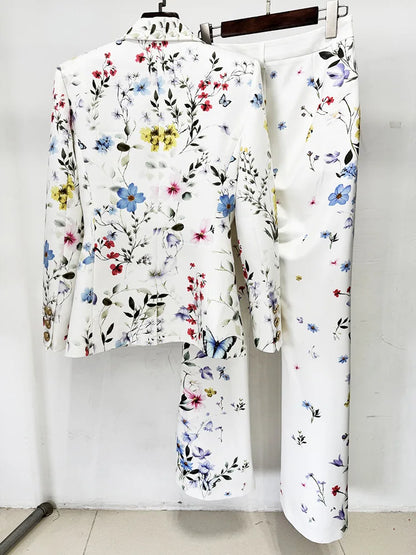 HIGH STREET Newest 2026 Designer Runway Suit Set Women's Brilliant Digital Printed Jacket Flare Pants Suit 2pcs