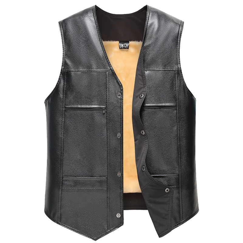 2025 Winter Men Thick Warm Fleece Leather Vest Coat  Male V-Neck Single Breasted Vest Casual Male Clothing Outerwear
